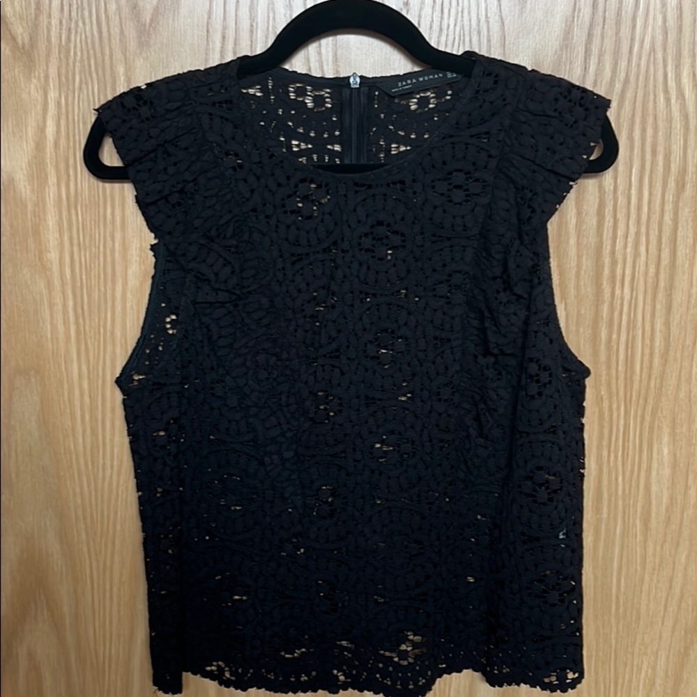 Zara Woman black lace sleeveless top with ruffle